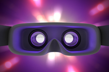 3D rendering of the rear inside view of concept design virtual reality headset on purple light motion background with clipping paths.