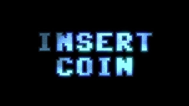 A glitchy noisy 8-bit screen with the words Insert Coin. Heavy distorted signal.
