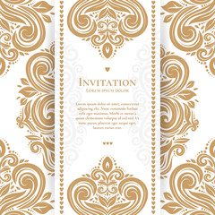 Gold and white vintage greeting card. Luxury ornament template. Great for invitation, flyer, menu, brochure, postcard, background, wallpaper, decoration, packaging or any desired idea