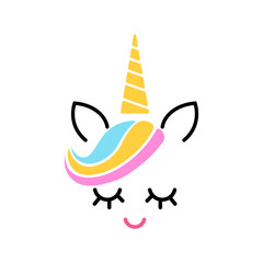 Happy unicorn face vector. Cute unicorn face. Design for child card,t-shirt.Girls,kid.magic concept.Isolated on white background. Horse with gold horn and beauty rainbow hair.