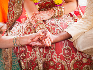 The hand of the bride held by a groom during a traditional ritual in an Indian Hindu Wedding