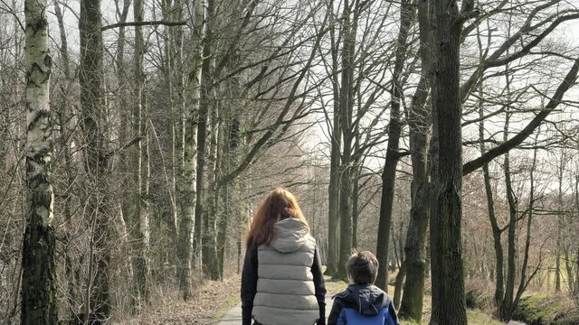 Mother with son on walk. Woman with child walks through countryside. Walking way with tree colonnade in natural parkland. Beautiful path leading alley. Center row composition, sunny spring day