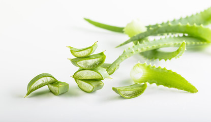 Cut Aloe Vera leaves on white background.
