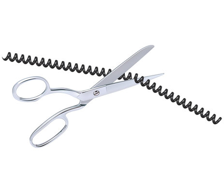 Wire with scissors isolated on white. Realistic vector 3d illustration