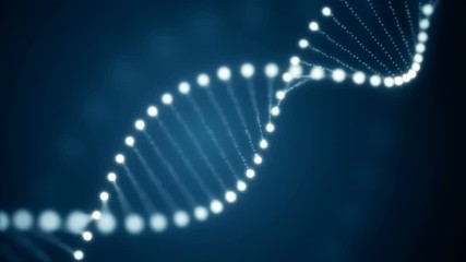 The construction of particles in the rotating DNA of a luminous molecule on a blue background - Powered by Adobe