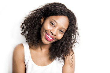 Nice black afro american on studio white background