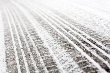 Wheel tracks on the road covered with snow