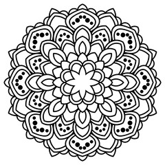 Ornamental round doodle flower isolated on white background. Black outline mandala, frame. Geometric circle element. Vector illustration.