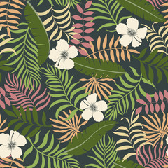 Tropical background with palm leaves and flowers. Seamless floral pattern. Summer vector illustration