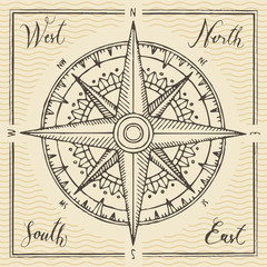Hand-drawn vector banner with a wind rose and old nautical compass in retro style. Illustration on the theme of travel and discovery on the background with waves