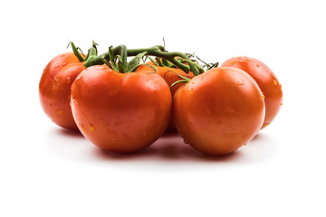 Branch of red ripe tomatoes, isolated on white background