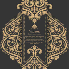 Gold vintage greeting card on a black background. Luxury ornament template. Mandala. Great for invitation, flyer, menu, brochure, postcard, wallpaper, decoration, or any desired idea.