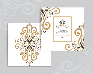 Gold and white vintage greeting card on a white background. Luxury ornament template. Mandala. Great for invitation, flyer, menu, brochure, postcard, background, wallpaper, decoration, packaging.