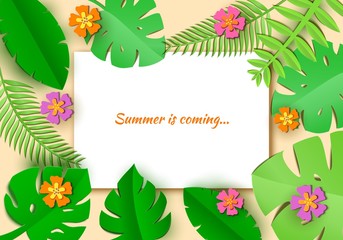 Jungle leaf in art paper style with white sheet with place for promotoin text. Spa salon card template. Exotic tropical jungle rainforest bright green palm monstera leaves and flowers border frame.