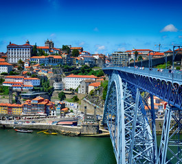 view of the Douro river, the Dom Luis I Bridge and Ribeira from Vila Nova de Gaia Porto, Portugal