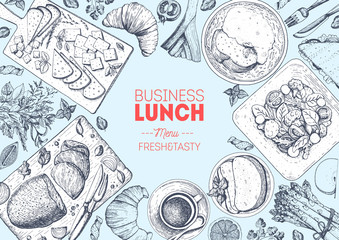Business lunch top view frame. Food menu design. Vintage hand drawn sketch vector illustration.