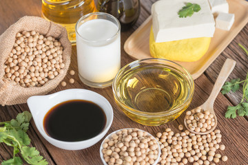 Various soy products with soy sauce, tofu, oil, soy bean and soy milk.