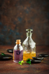 Glass bottles with liquid soap, shampoo and shower gel. Set for relaxation, body care and aromatherapy