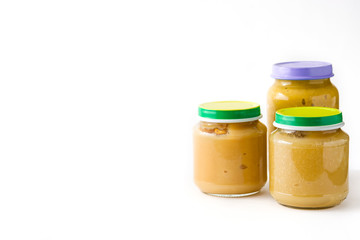 Baby food: Jar with fruit puree isolated on white background

