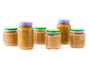 Baby food: Jar with fruit puree isolated on white background

