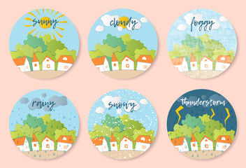 Weather Forecast in papercut style.  Sunny, cloudy, foggy, rainy, snowy, stormy days. Children's applique style