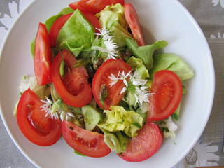 salatteller mit bärlauchblüten