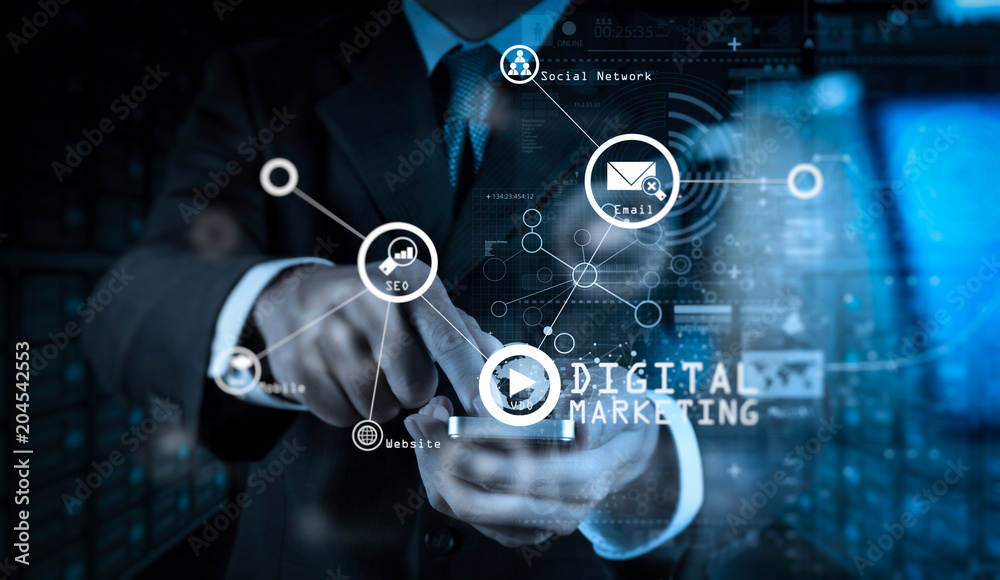 Poster businessman hand using mobile phone with digital layer effect as business strategy concept