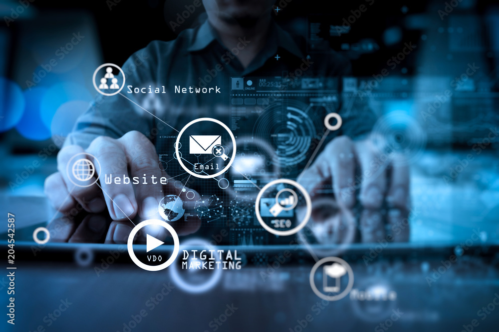 Poster businessman hand working with modern technology and digital layer effect as business strategy concep