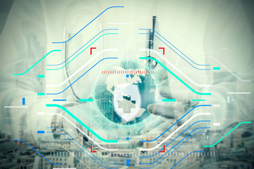 double exposure of smart medical doctor hand showing network with globe as medical network and media concept