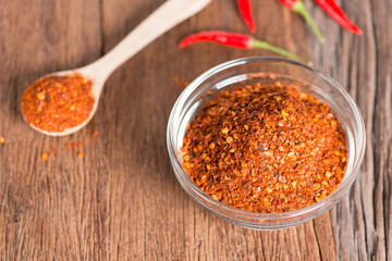 Chili powder on wooden background.