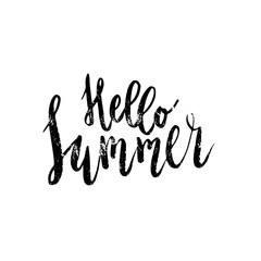 Handwritten Hello summer lettering phrase with grunge texture. Isolated on white. Graphic desing element.