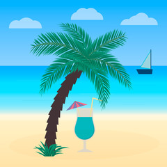 Summer holidays. Relax on the tropical beach. A glass of cocktail under a palm tree. Vacation vector illustration. Design template for your artworks, websites, social media etc.
