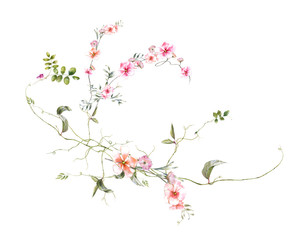 watercolor painting of leaves and flower, on white background