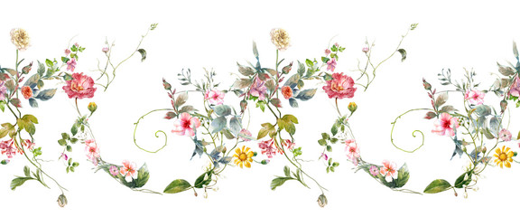 Naklejki  Akwarela malarstwo liści i kwiatów, wzór na białym tle