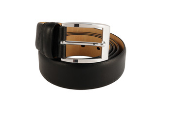 Brown trouser belt with a buckle of chrome steel on a white background.