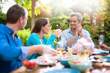 Group of friends gathered around a table in a garden on a summer evening to share a meal and have a...