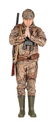 Obraz premium Full length portrait of a male hunter with double barreled shotgun Isolated on white background. hunting and people concept