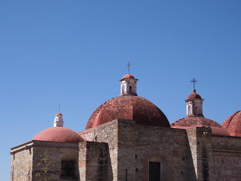 Part of San Pedro church in Mitla city, archeological site of Zapotec culture in Oaxaca state landscape in Mexico