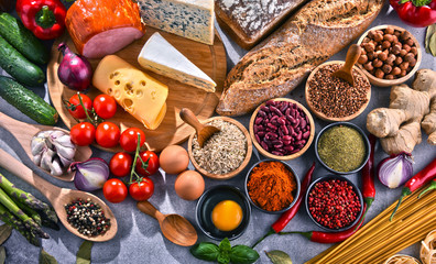 Composition with assorted organic food products on the table