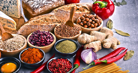 Composition with assorted organic food products on the table