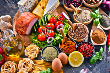 Composition with assorted organic food products on the table