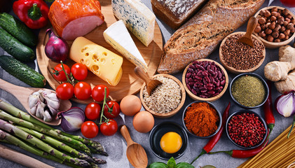 Composition with assorted organic food products on the table