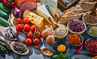 Composition with assorted organic food products on the table