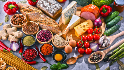 Composition with assorted organic food products on the table