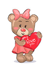 Bear Female Holding Red Heart with Text I Love You