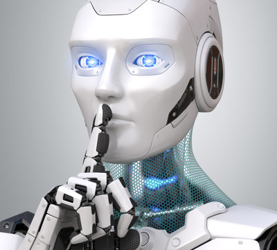 Robot with finger on lips asking for silence