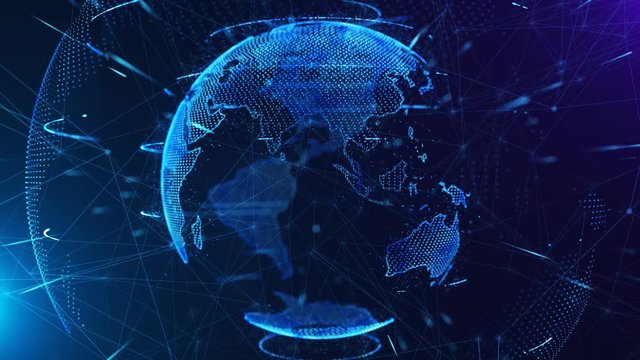 4K loopable 3d animation of a spinning globe with a growing global network
