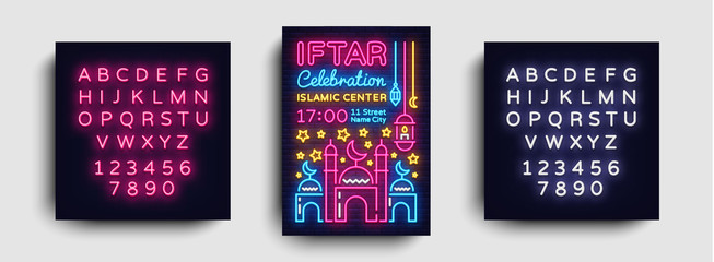 Fototapeta na wymiar Iftar party invitations poster vector template design. Bright Islamic illustration card in modern trend neon style, banner, Celebration of the Islamic holiday Ramadan Kareem. Editing text neon sign