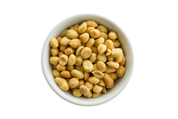 Bowl of fresh roasted peanuts isolated on white