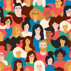 Vector seamless pattern with young men and women with different skin color.